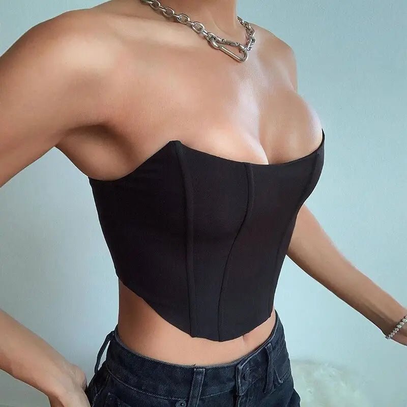 Top cropped estilo corset sexy sem mangas