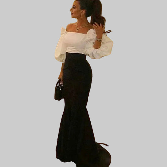 Vestido sexy com ombros à mostra e mangas abalonadas