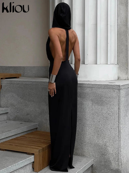 Vestido Elegante com Decote em V Profundo e Sem Costas Racha Lateral