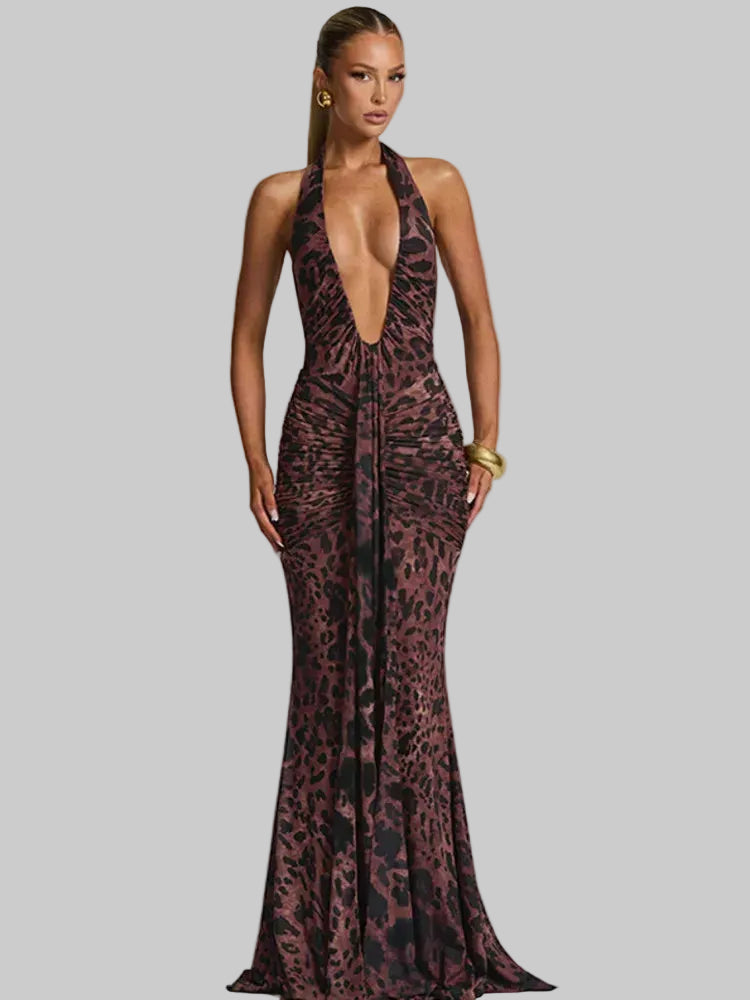 Vestido comprido sexy sem costas com padrão leopardo