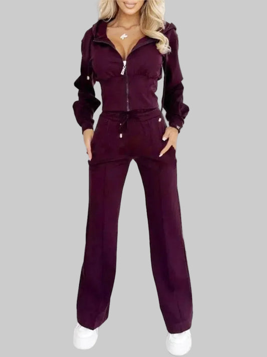 Conjunto casual de sweatshirt com capuz e fecho