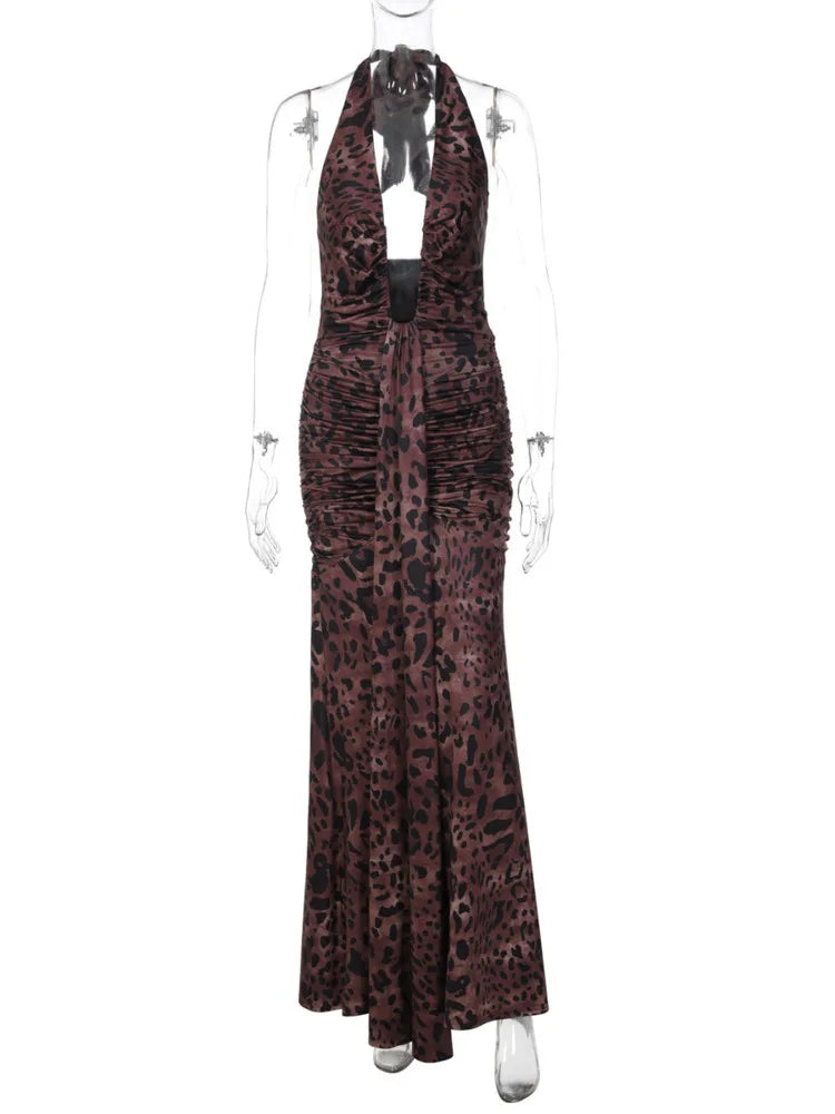 Vestido comprido sexy sem costas com padrão leopardo