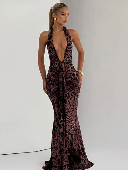 Vestido comprido sexy sem costas com padrão leopardo