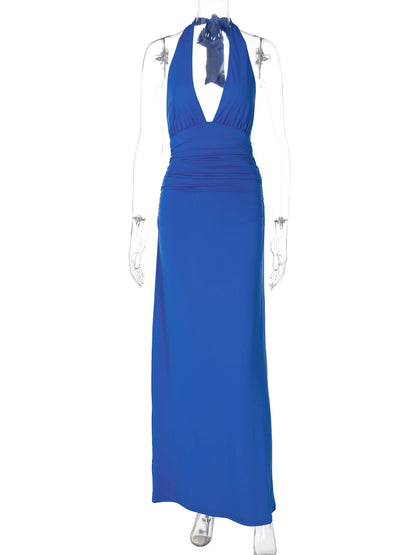 Vestido longo com decote halter em V e costas abertas franzidas