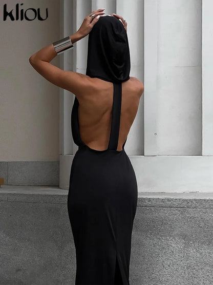 Vestido Elegante com Decote em V Profundo e Sem Costas Racha Lateral