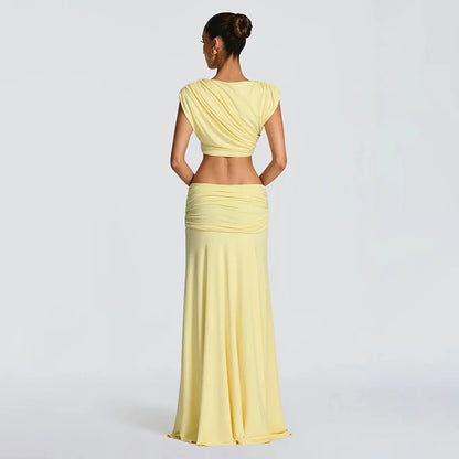 Conjunto de festa sexy com top cropped plissado e saia