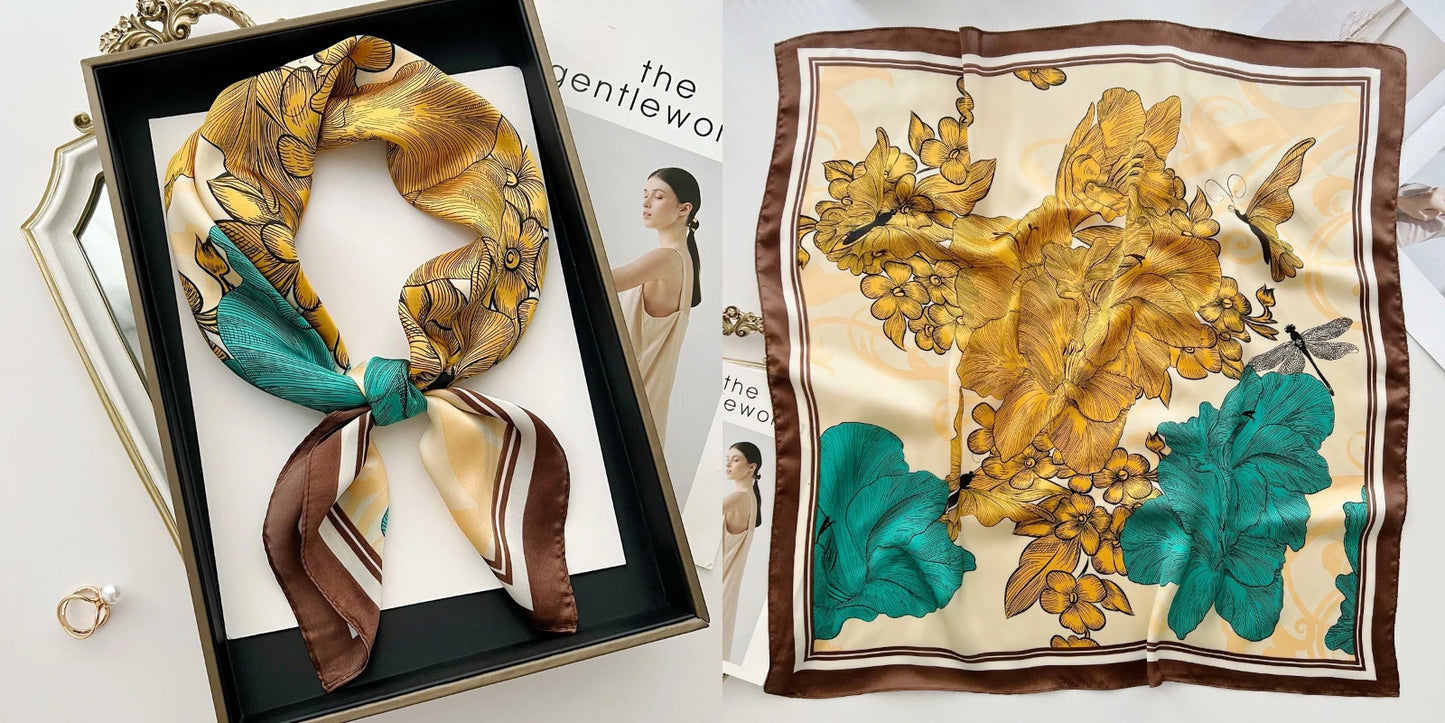 Lenço quadrado de seda com estampado floral de luxo