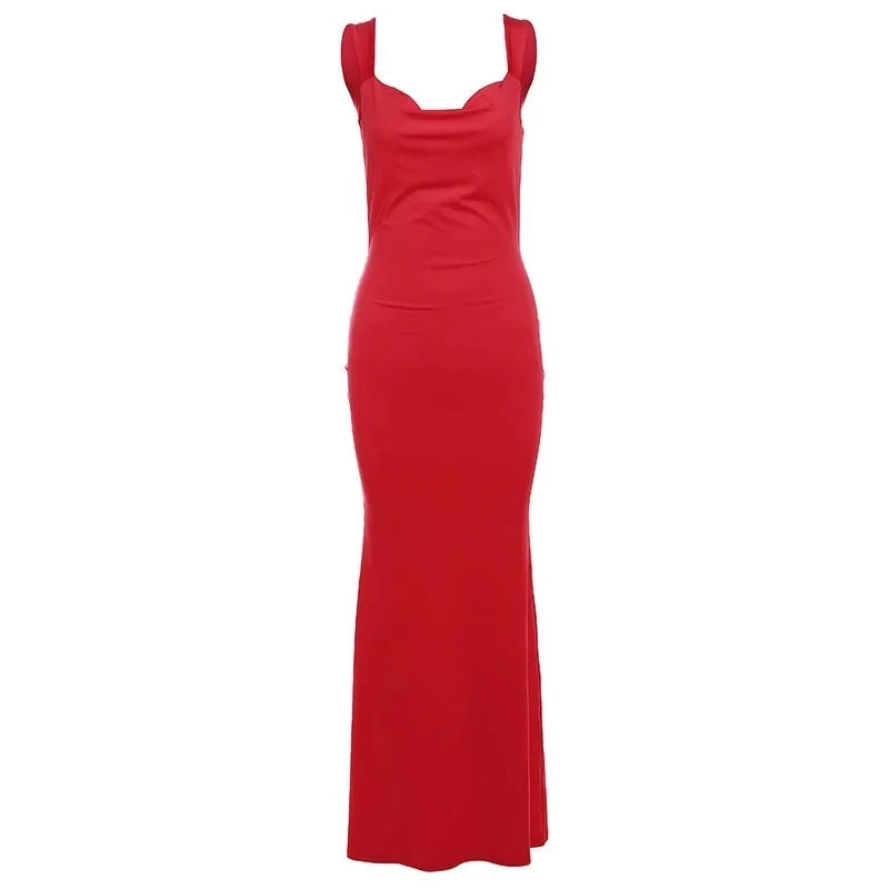 Vestido comprido com decote e laço nas costas