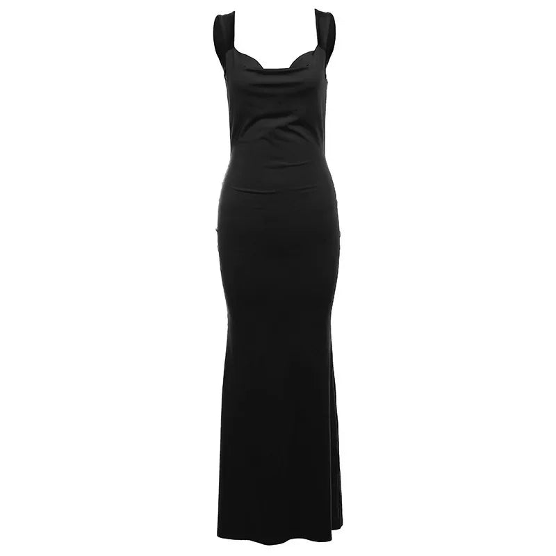 Vestido comprido com decote e laço nas costas