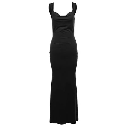 Vestido comprido com decote e laço nas costas