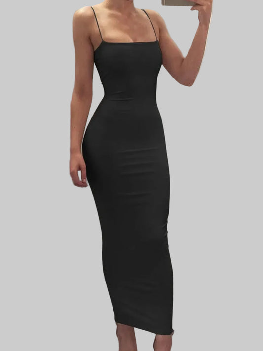 Vestido comprido sem mangas com decote nas costas e alta elasticidade