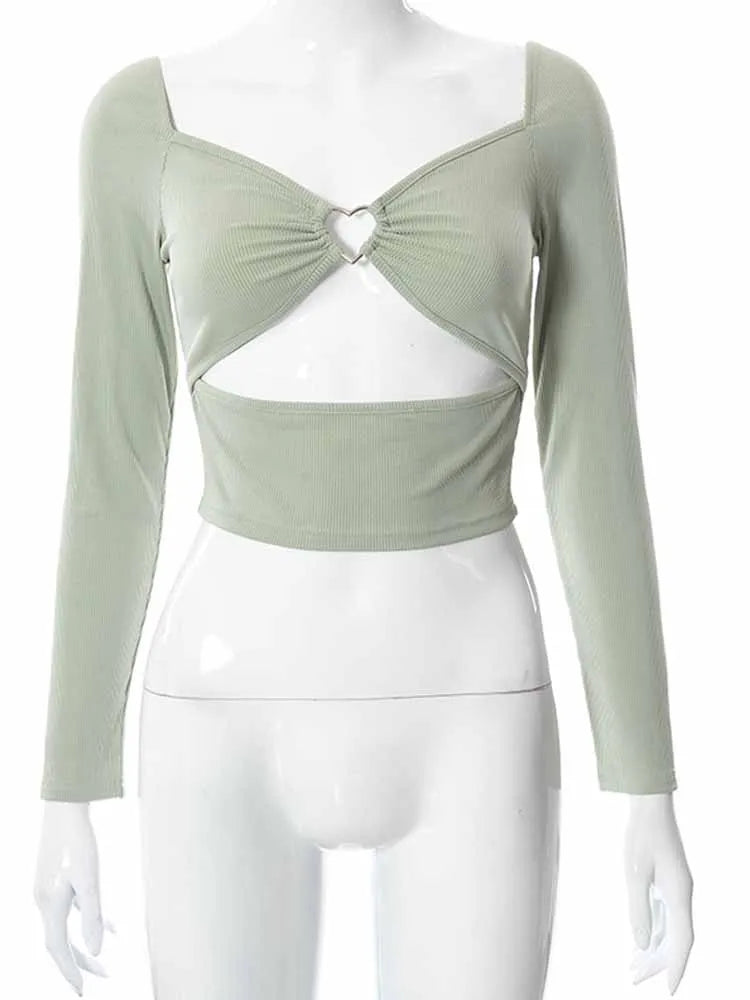 Top cropped de manga comprida com decote em V