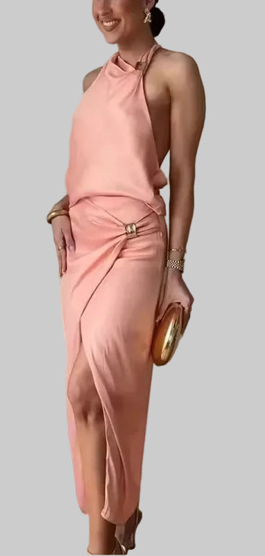Conjunto de saia e top plissada rosa