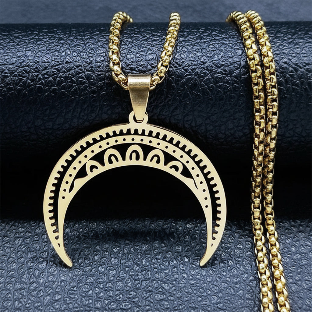 Colar com Pendente Lua Crescente em Aço Inoxidável Dourado