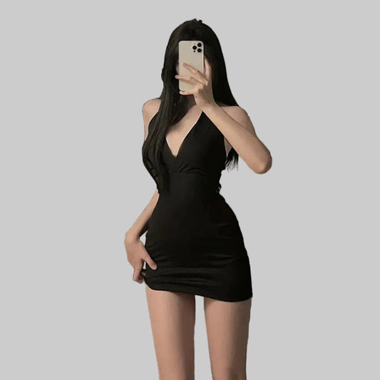 Vestido curto preto feminino sexy com decote