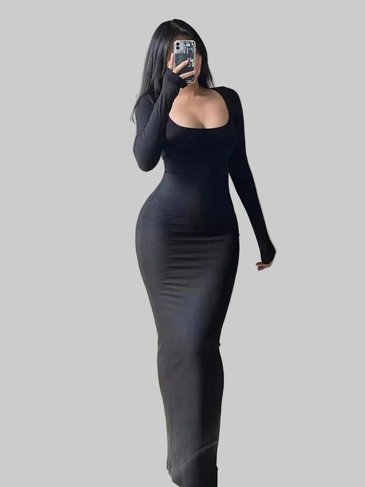 Vestido longo liso de manga comprida com decote redondo