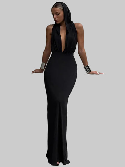 Vestido Elegante com Decote em V Profundo e Sem Costas Racha Lateral