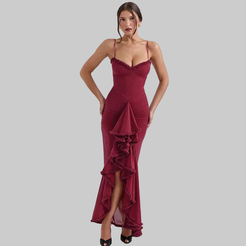 Vestido comprido com estampado de penas