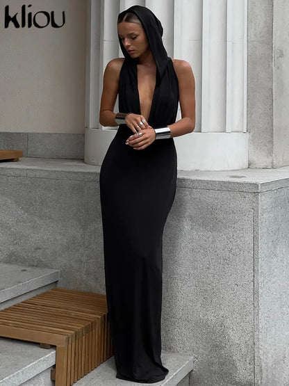 Vestido Elegante com Decote em V Profundo e Sem Costas Racha Lateral